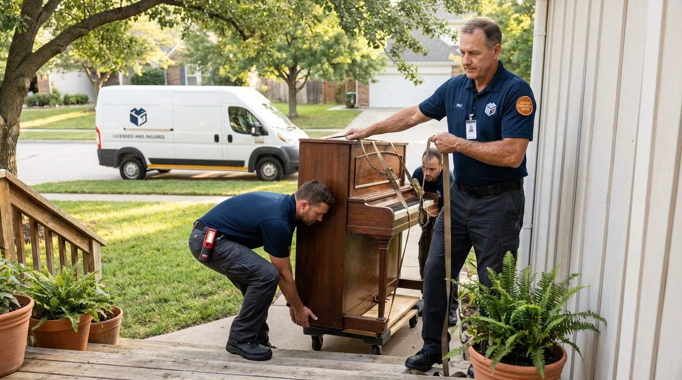 Licensed piano movers securing grand piano in Severn, MD