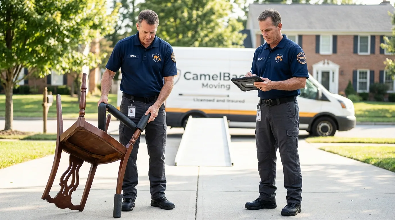 Movers inspecting furniture for damage prevention before loading in Severn, MD